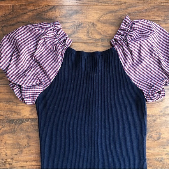 Maeve • Anthro Puff-Sleeve Mini Dress ribbed sweater gingham sleeves button - Picture 13 of 14